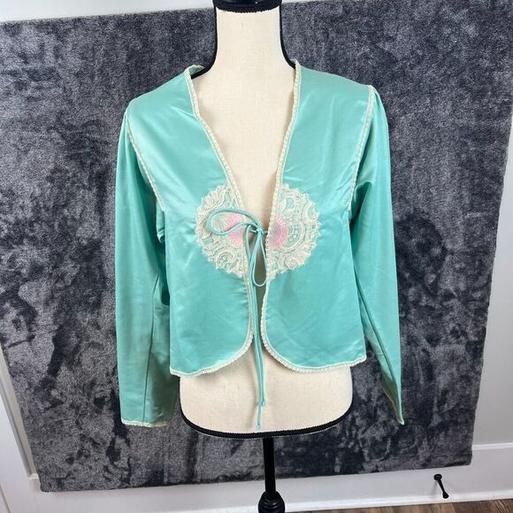 bill tice Other - Vtg Bill Tice Pajama Top Satin Women's S Blue Embroidered Tie Long Sleeve